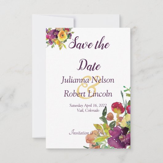 Invitation Floral d'aquarelle bordeaux et jaune enregistrer l (Devant)