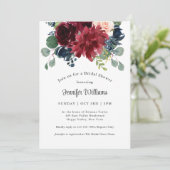 Invitation Floral d'aquarelle marine et bourgogne (Debout devant)