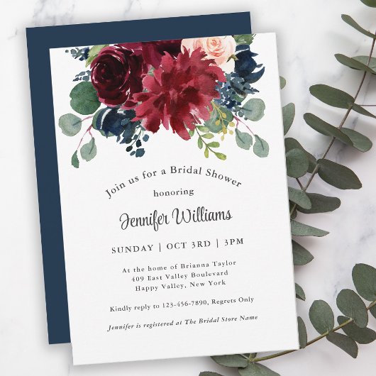 Invitation Floral d'aquarelle marine et bourgogne