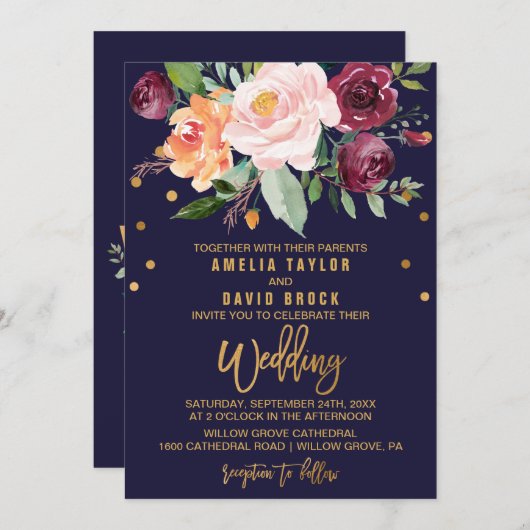 Invitation Floral d'automne avec typographie Backing Mariage (Devant / Derrière)