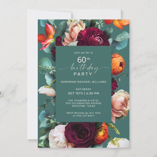 Invitation Floral d'automne moderne Turquoise 60e fête d'anni (Devant)