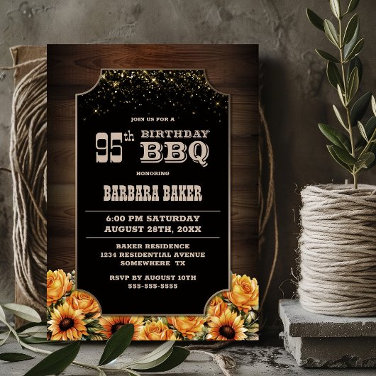 Invitation Floral de bois rustique 95e anniversaire BBQ