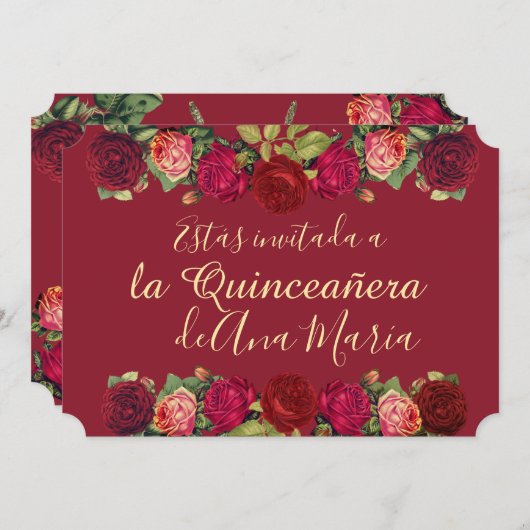 Invitation Floral de Borgoña Quinceanera Celebración (Devant / Derrière)