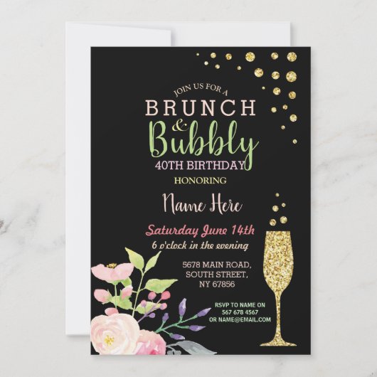 Invitation floral de brunch et d'or pétillant (Devant)