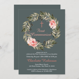 Invitation floral de communion rose-gris