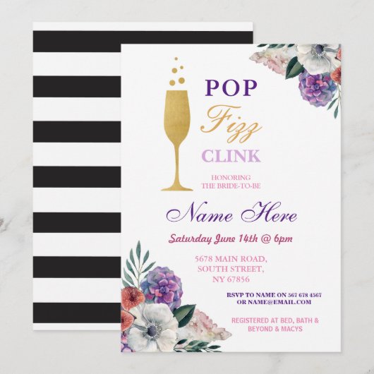 Invitation floral de Fête de la mariée pétillante (Devant / Derrière)