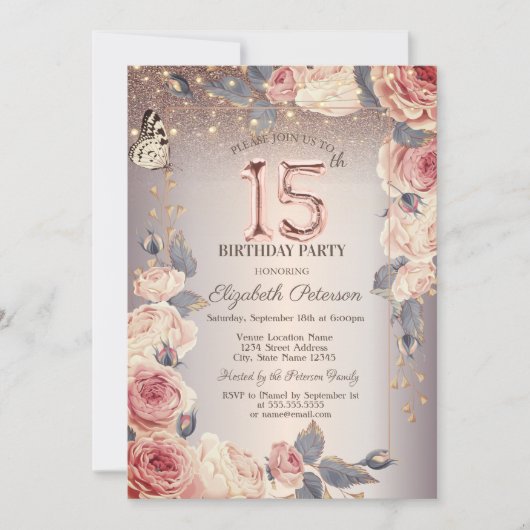 Invitation Floral de luxe, Papillon, Lumières 15ème anniversa (Devant)