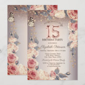 Invitation Floral de luxe, Papillon, Lumières 15ème anniversa (Devant / Derrière)