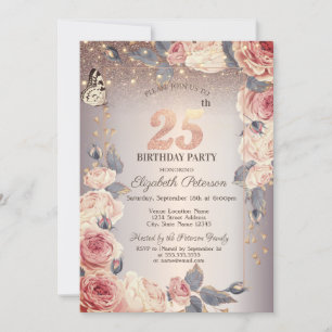 Invitation Floral de luxe, Papillon, Lumières 25e anniversair