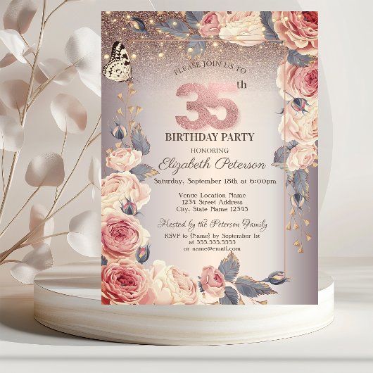 Invitation Floral de luxe, Papillon, Lumières 35e anniversair