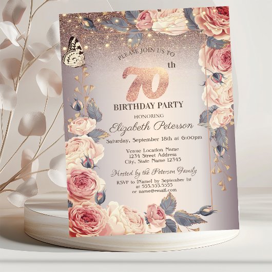 Invitation Floral de luxe, Papillon, Lumières 70e anniversair
