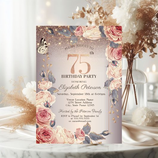 Invitation Floral de luxe, Papillon, Lumières 75e anniversair