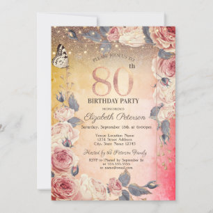 Invitation Floral de luxe, Papillon, Lumières Ombre 80e anniv