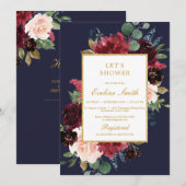 Invitation Floral de marine bordeaux et rose roux avec or (Devant / Derrière)