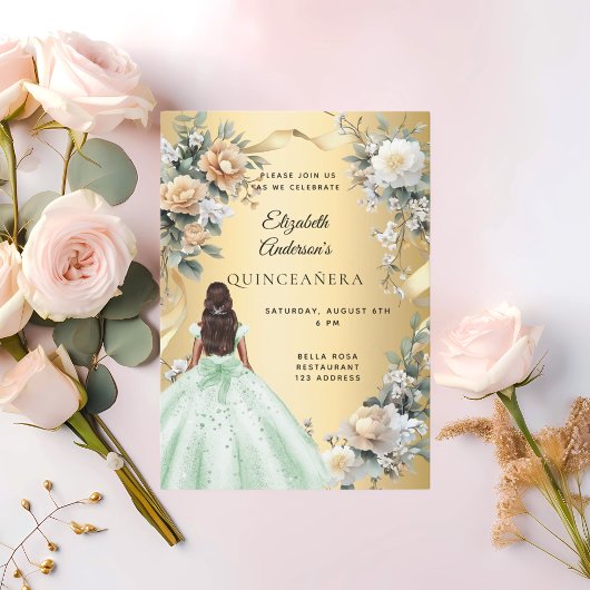 Invitation Floral de robe vert or Quinceanera