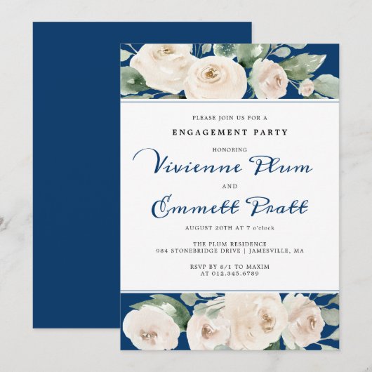 Invitation Floral de Rose blanche sur la Navy Blue Engagement (Devant / Derrière)