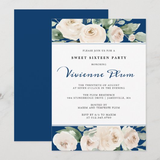 Invitation Floral de Rose blanche sur la Navy Blue Sweet sixt (Devant / Derrière)