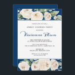 Invitation Floral de Rose blanche sur la Navy Blue Sweet sixt<br><div class="desc">Des roses blanches élégantes et magnifiques sont nichées dans des feuilles verts sauge. L'arrière - plan bleu marine les encadre à la perfection. Le nom de la fille d'anniversaire est écrit dans un script classique dans le même bleu marine. Le reste du texte est une police serif traditionnelle. La combinaison...</div>