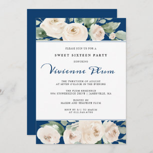 Invitation Floral de Rose blanche sur la Navy Blue Sweet sixt