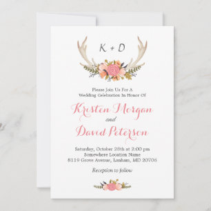 Invitation Floral Deer Antler Boho Chic Mariage Célébration