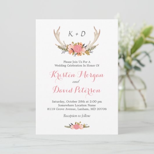 Invitation Floral Deer Antler Boho Chic Mariage Célébration (Debout devant)