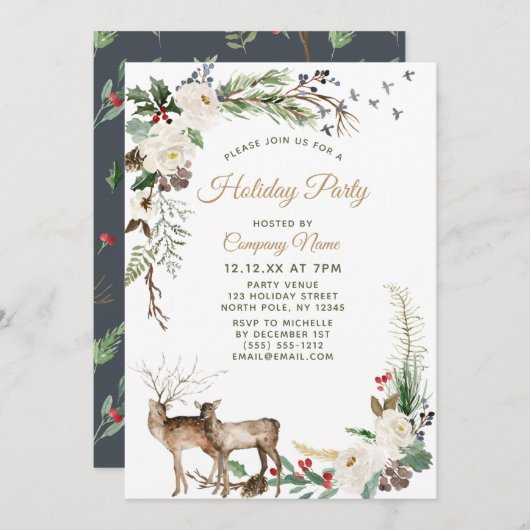Invitation Floral Deer Corporate Fête de Noël (Devant / Derrière)
