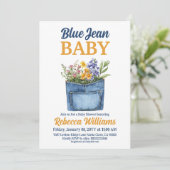 Invitation Floral Denim Pocket Yellow Blue Jean Baby Shower (Debout devant)