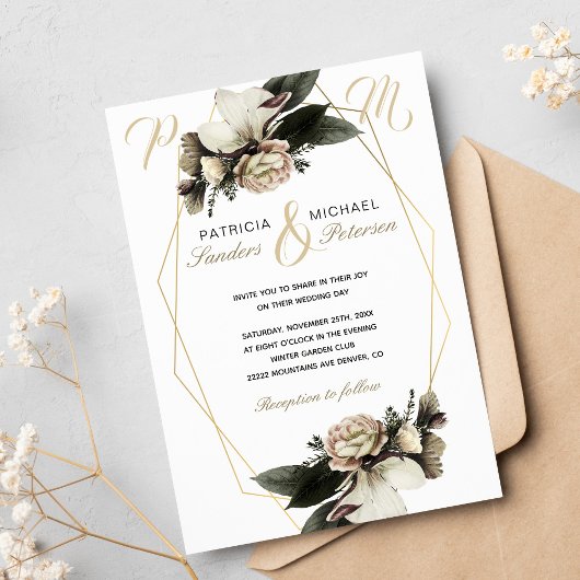 Invitation Floral d'hiver élégant or mariage géométrique