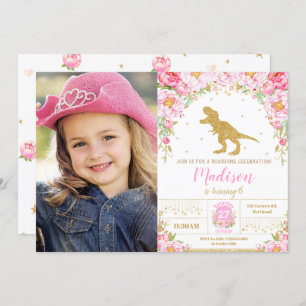 Invitation Floral Dinosaur Anniversaire Fille T-Rex Photo