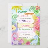 Invitation Floral Dinosaur Fille tropicale 1ER Anniversaire (Devant)