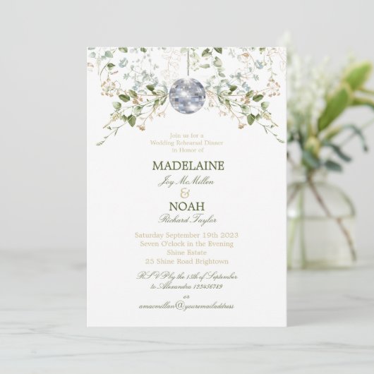 Invitation Floral Disco Ball Elegant Chic Mariage Repétition (Debout devant)
