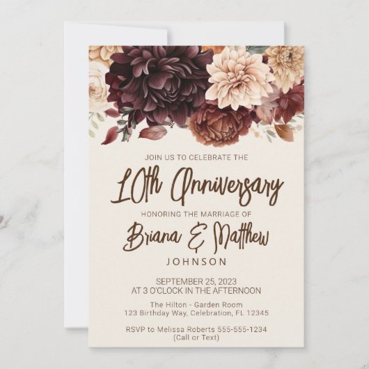 Invitation Floral d'ivoire beige Brown 10e anniversaire Maria (Devant)