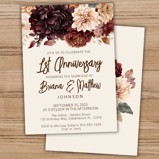 Invitation Floral d'ivoire beige Brown 1er anniversaire Maria