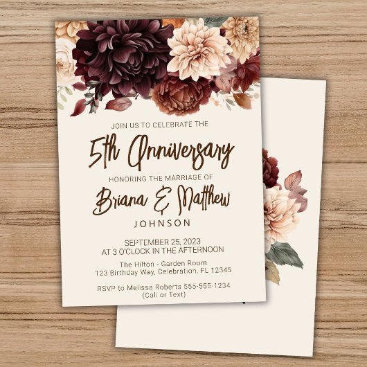 Invitation Floral d'ivoire beige Brown 5e anniversaire Mariag