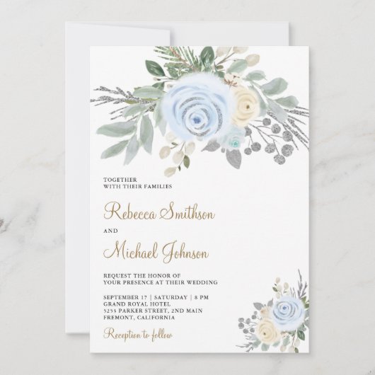 Invitation Floral d'ivoire bleu Dusty en un seul Mariage (Devant)