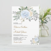 Invitation Floral d'ivoire bleu Dusty en un seul Mariage (Debout devant)