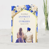 Invitation Floral d'ivoire bleu royal tout en un Mariage sikh (Devant)
