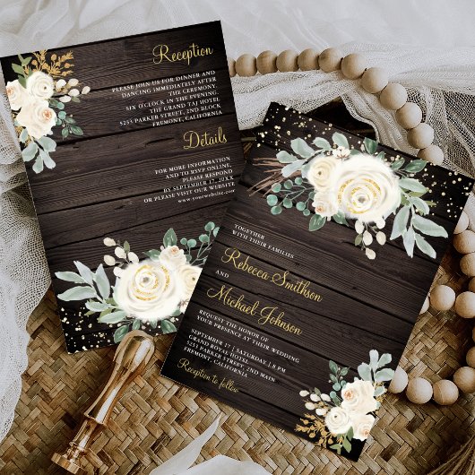 Invitation Floral d'ivoire d'or rustique tout en un Mariage d
