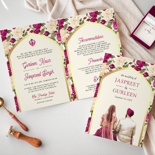 Invitation Floral d'ivoire magenta tout en un Mariage sikh