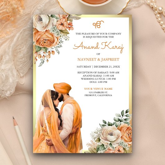 Invitation Floral d'ivoire orange Anand Karaj Sikh Mariage