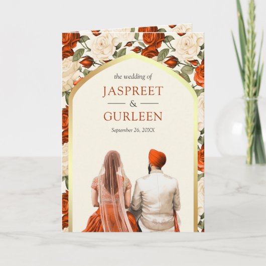Invitation Floral d'ivoire orange tout en un Mariage sikh (Devant)