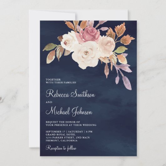 Invitation Floral d'ivoire rose Dusty en un seul Mariage de m (Devant)