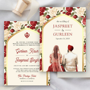 Invitation Floral d'ivoire rouge Punjabi Anand Karaj Sikh Mar