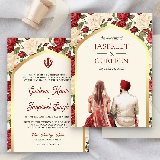 Invitation Floral d'ivoire rouge Punjabi Anand Karaj Sikh Mar