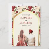 Invitation Floral d'ivoire rouge Punjabi Anand Karaj Sikh Mar (Devant)