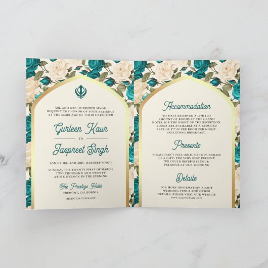 Invitation Floral d'ivoire turquoise tout en un Mariage sikh (Intérieur)