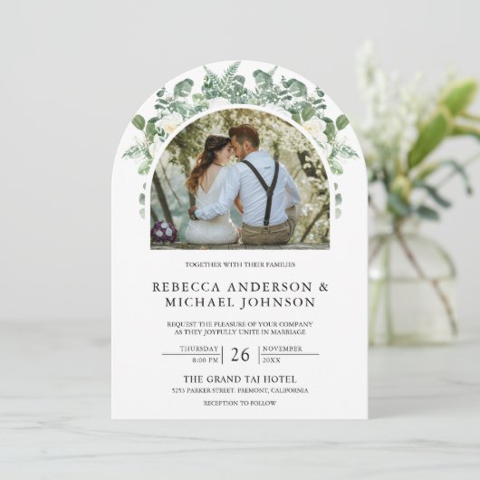 Invitation Floral d'ivoire vert tout en un Mariage d'arc (Debout devant)