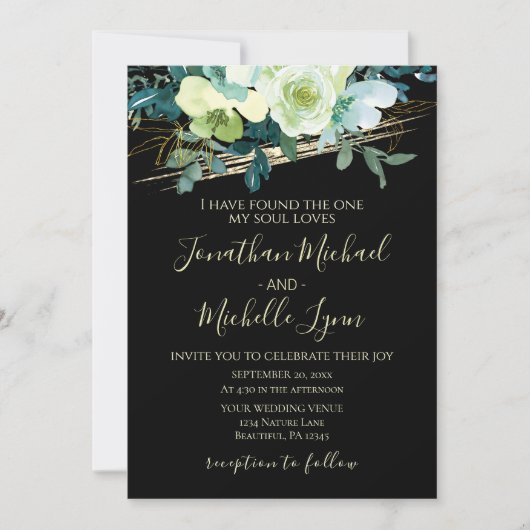 Invitation Floral d'or blanc bleu sur Mariage chrétien noir (Devant)