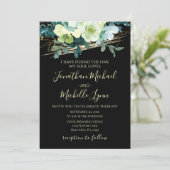 Invitation Floral d'or blanc bleu sur Mariage chrétien noir (Debout devant)