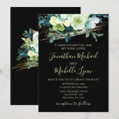 Invitation Floral d'or blanc bleu sur Mariage chrétien noir (Devant / Derrière)